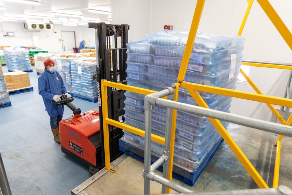 Worker using a fork lift truck to move a pallet of product in a seafood processing business