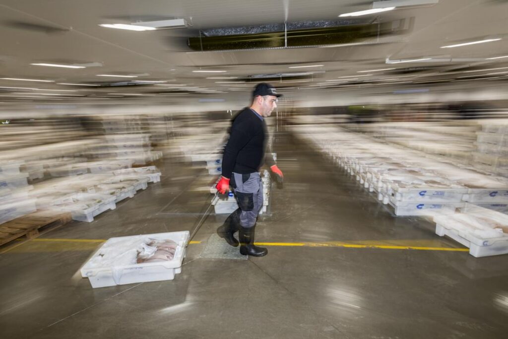 In a fish market a man drags a box of fish