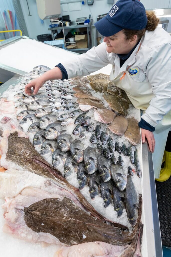 Fishmonger sets up a display of fish