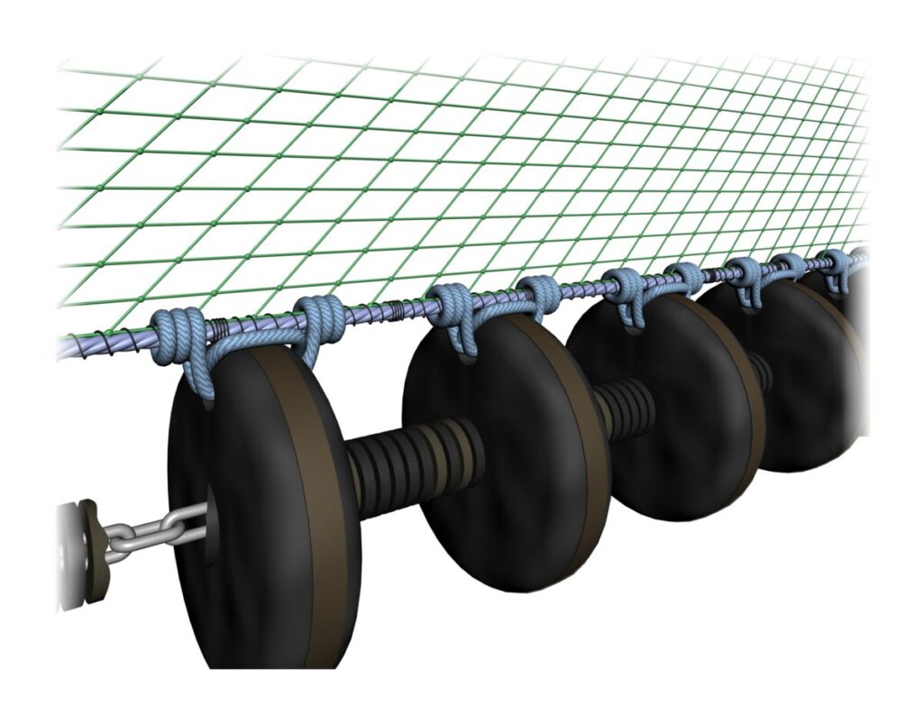 Drawing of the foot rope and rubber wheels of a trawl net